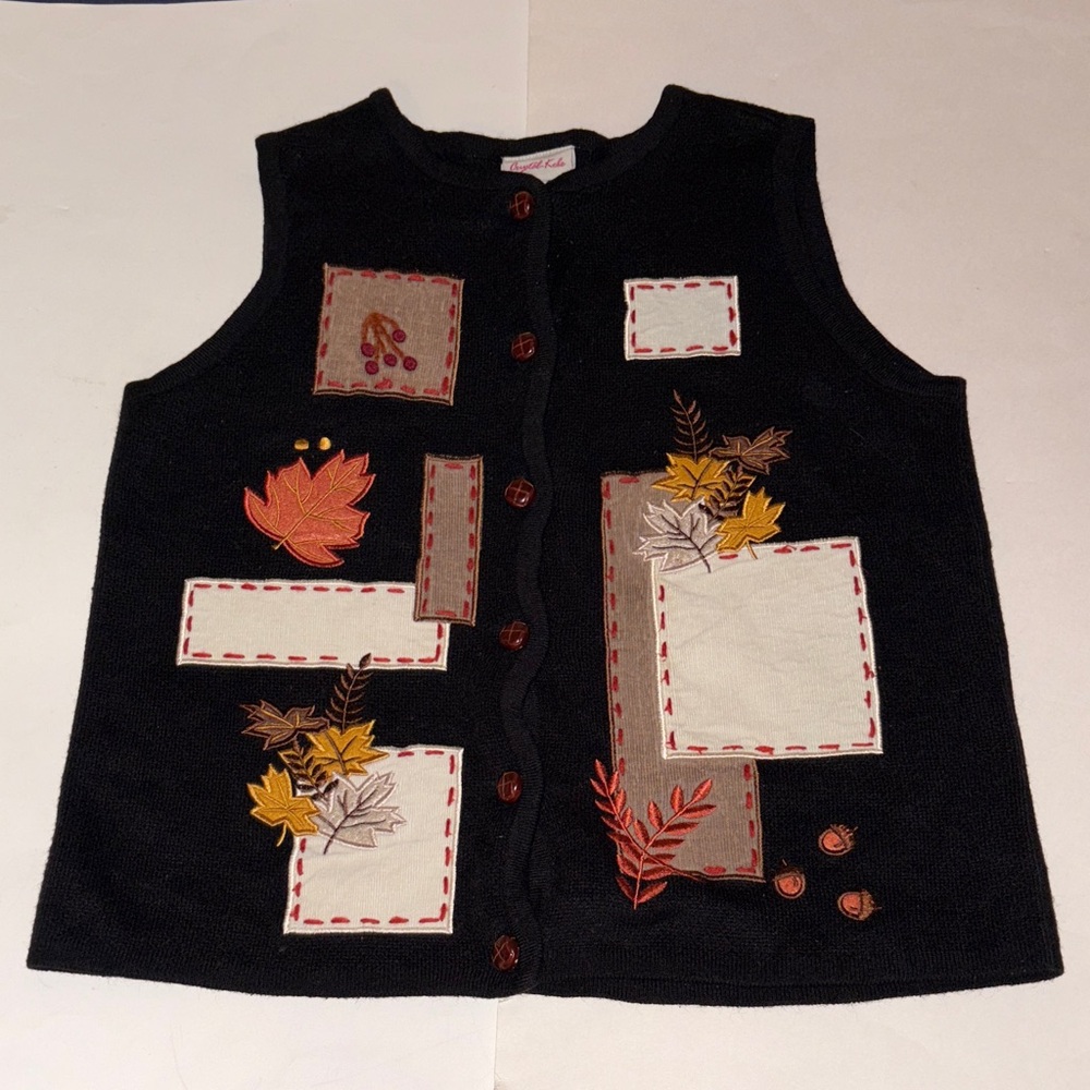 Ladies Black Crystal-Kobe Fall Themed Embroidered Black Cardigan Vest Size S